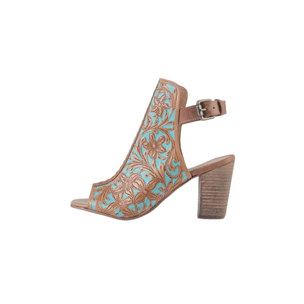 Myra Darington Ranch Heel Shoes for Women with genuine handtooled leather in peep toe style