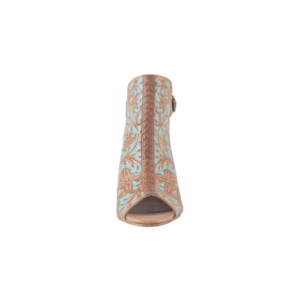 Myra Darington Ranch Heel Shoes for Women with genuine handtooled leather in peep toe style