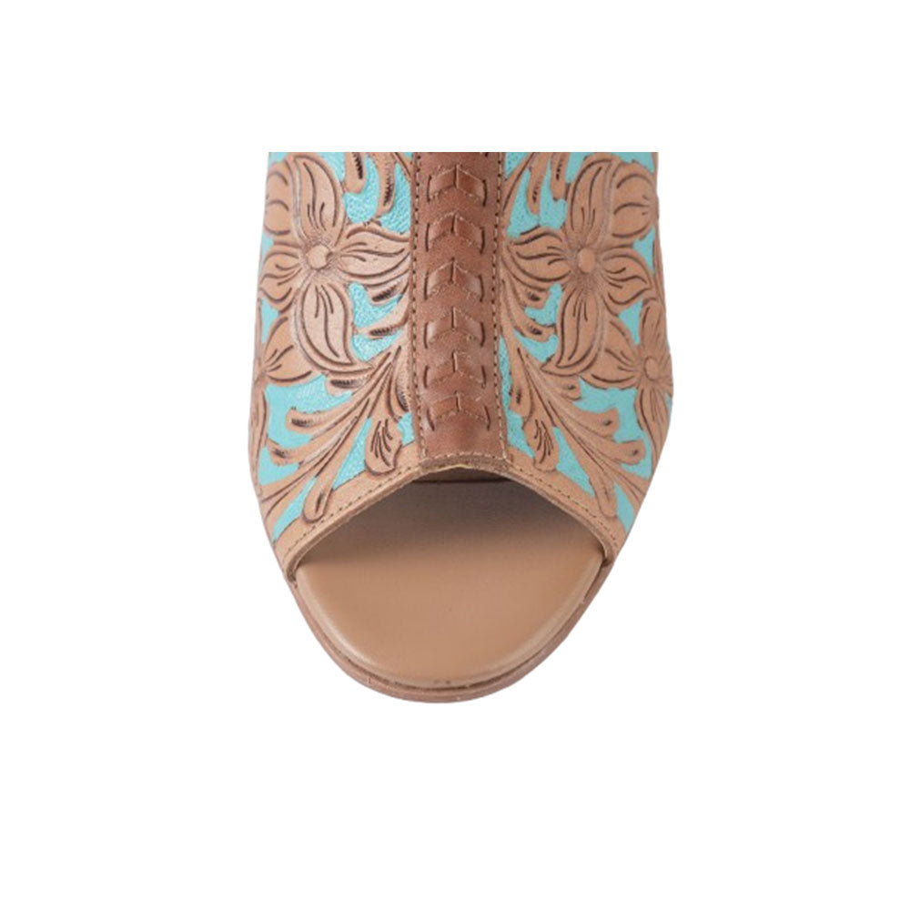 Myra Darington Ranch Heel Shoes for Women with genuine handtooled leather in peep toe style