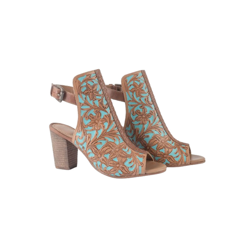 Myra Darington Ranch Heel Shoes for Women with genuine handtooled leather in peep toe style