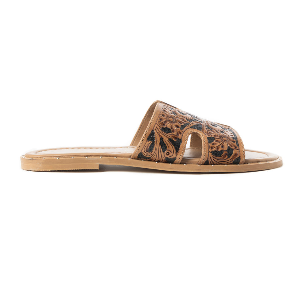 Myra Carmina Anne Sandals for Women with embossed leather in dark brown with easy slip on design