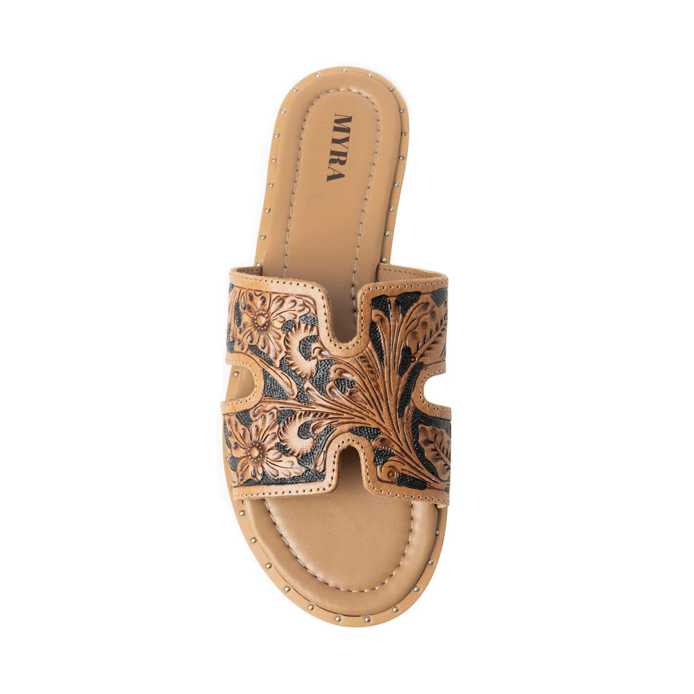 Myra Carmina Anne Sandals for Women with embossed leather in dark brown with easy slip on design
