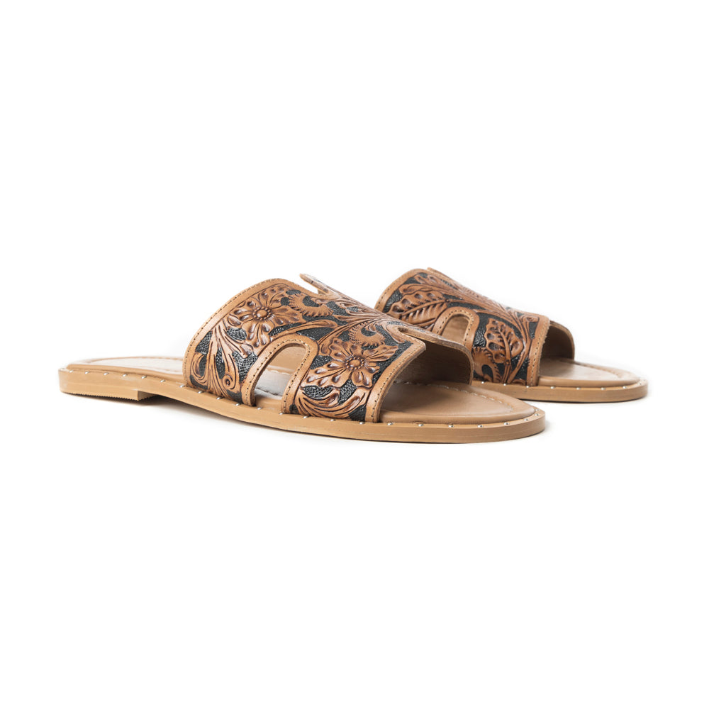 Myra Carmina Anne Sandals for Women with embossed leather in dark brown with easy slip on design