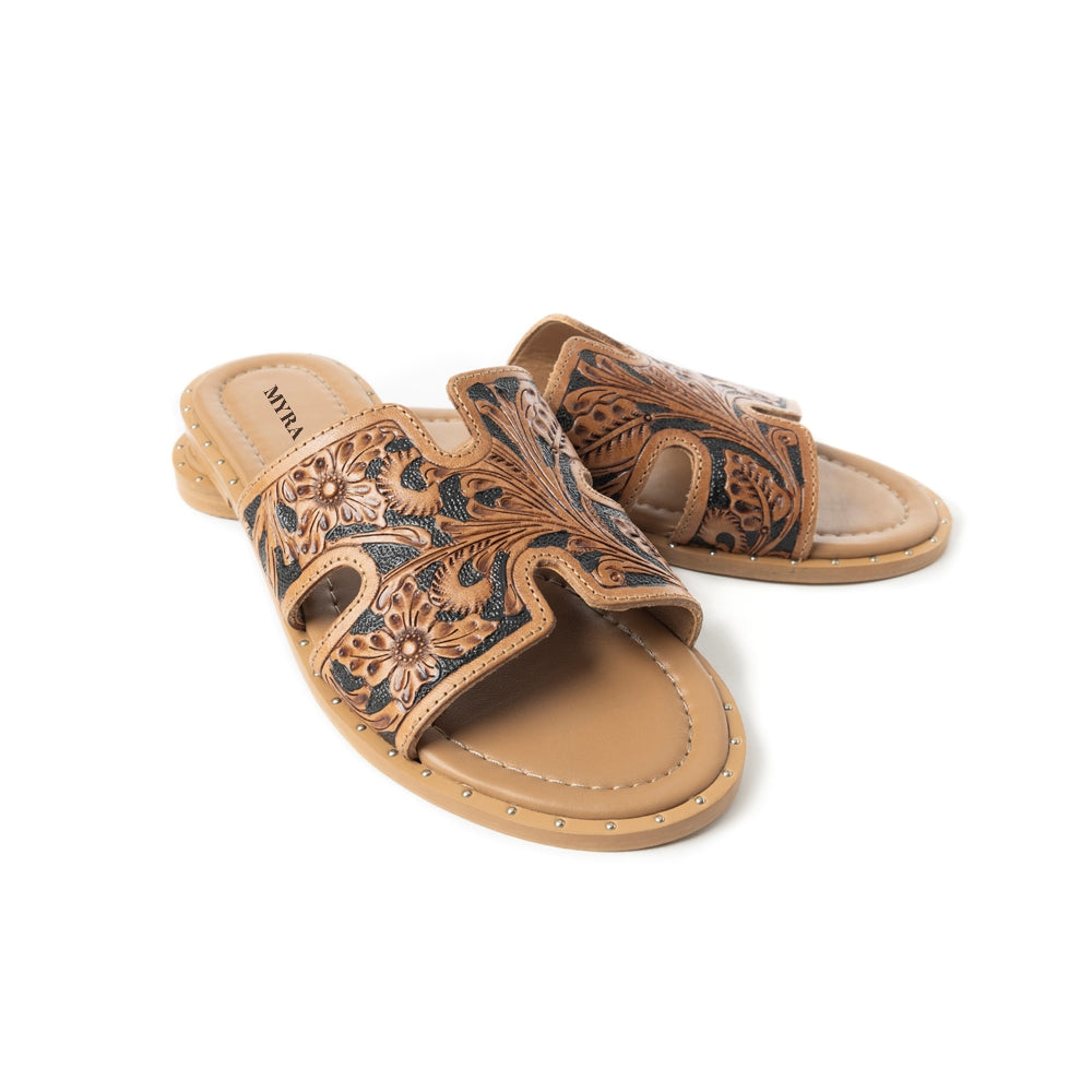 Myra Carmina Anne Sandals for Women with embossed leather in dark brown with easy slip on design