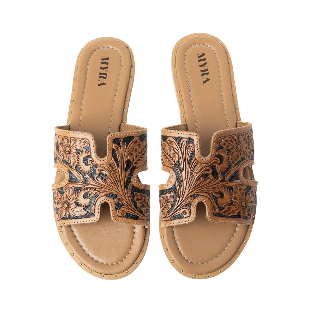 Myra Carmina Anne Sandals for Women with embossed leather in dark brown with easy slip on design