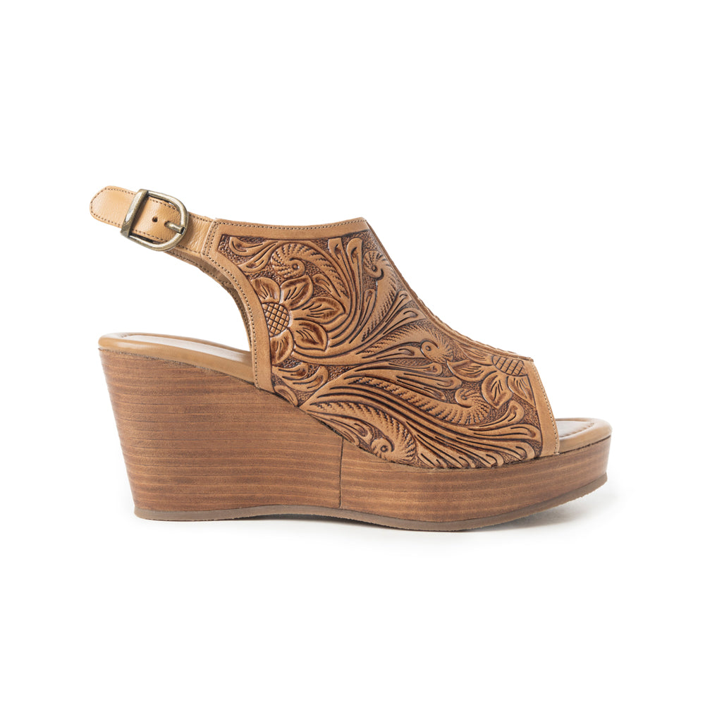 Myra Mila's Trail Embossed Leather Wedge Heels for Women in Tan Folral Design with Adjustable buckle