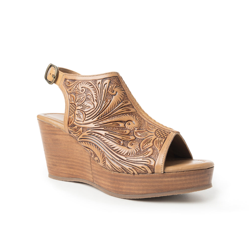 Myra Mila's Trail Embossed Leather Wedge Heels for Women in Tan Folral Design with Adjustable buckle