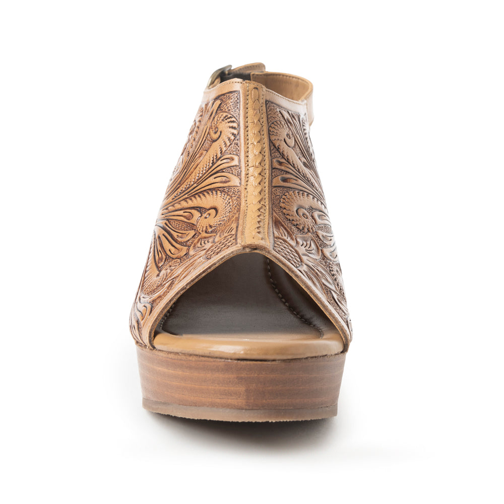 Myra Mila's Trail Embossed Leather Wedge Heels for Women in Tan Folral Design with Adjustable buckle
