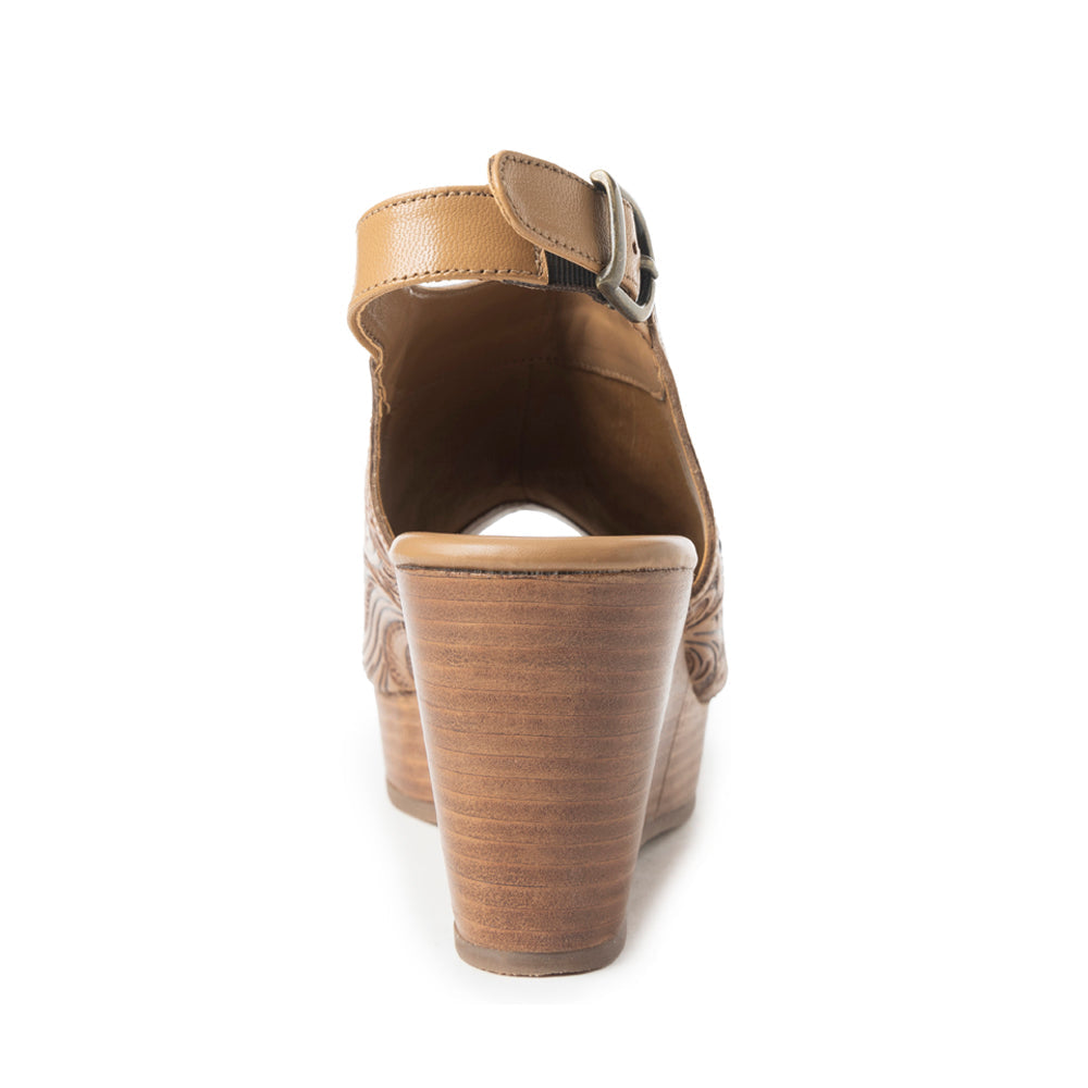 Myra Mila's Trail Embossed Leather Wedge Heels for Women in Tan Folral Design with Adjustable buckle