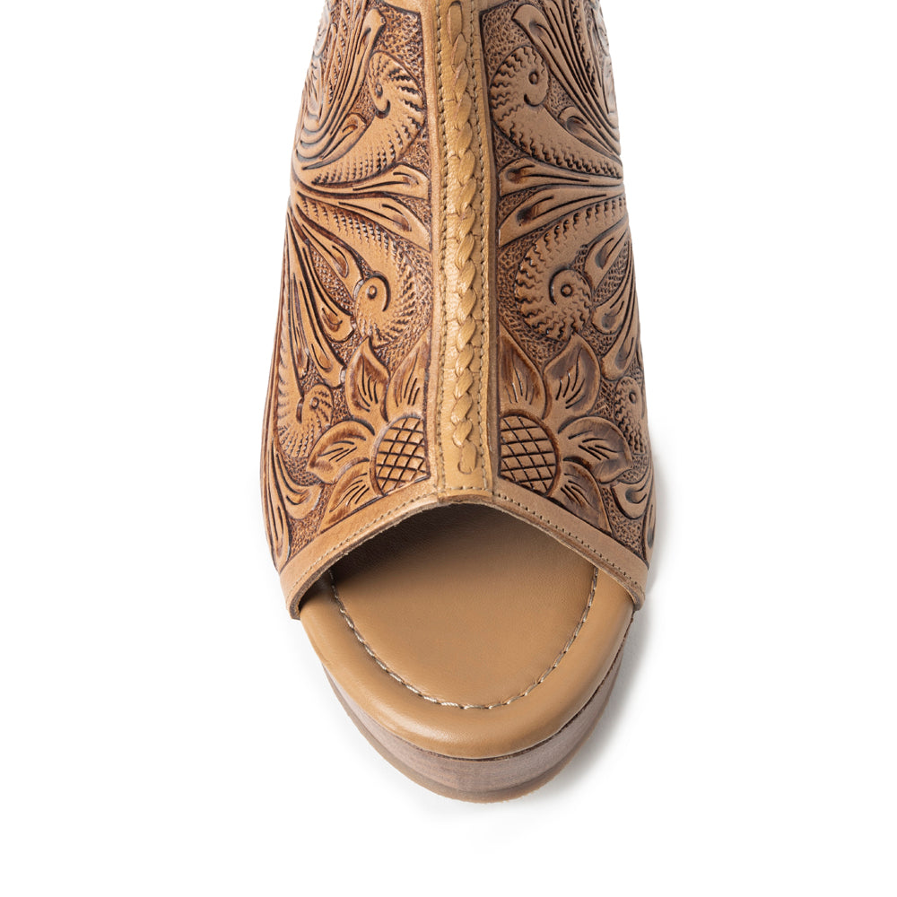 Myra Mila's Trail Embossed Leather Wedge Heels for Women in Tan Folral Design with Adjustable buckle