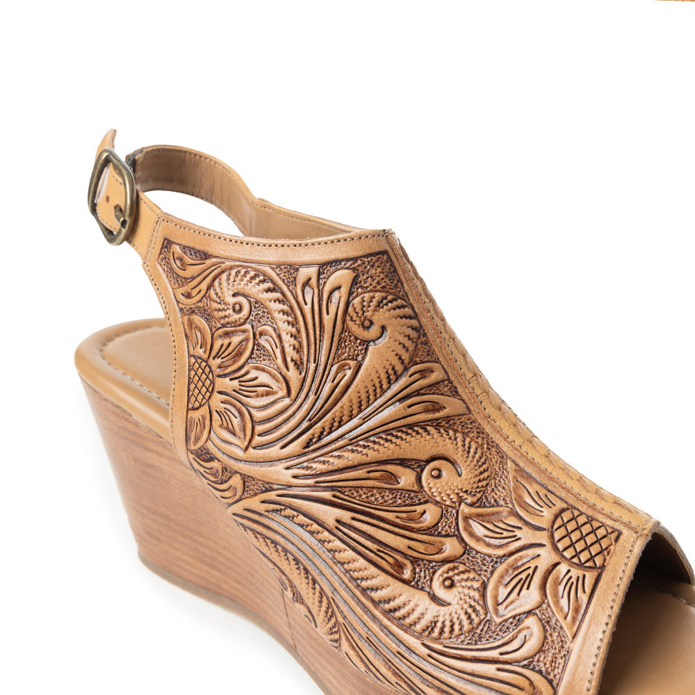 Myra Mila's Trail Embossed Leather Wedge Heels for Women in Tan Folral Design with Adjustable buckle