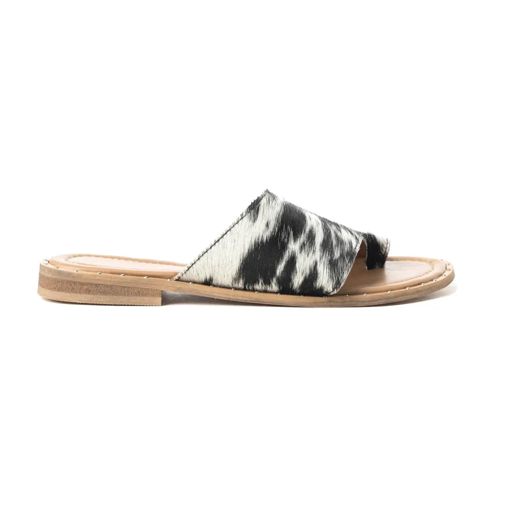 Myra Kimmee Trail Sandals for Women with hairon leather in black and white with open toe design