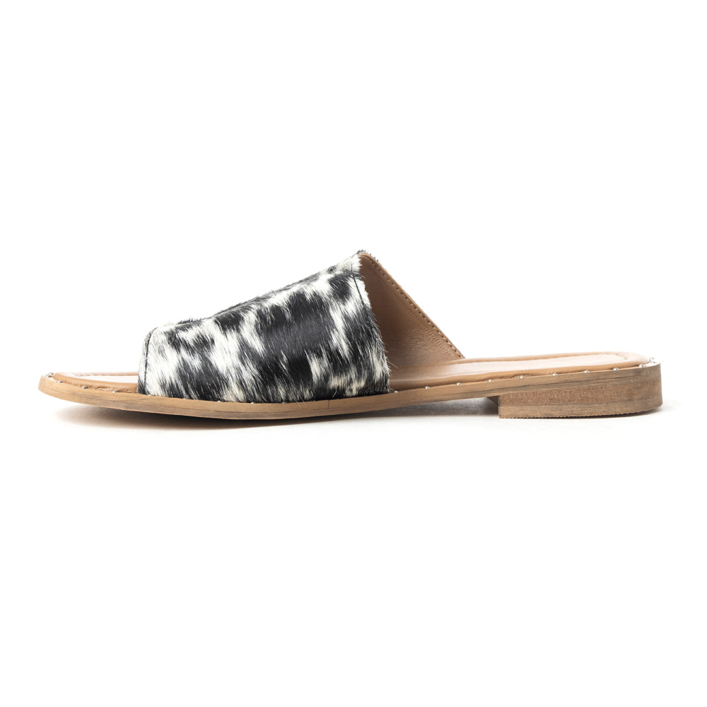 Myra Kimmee Trail Sandals for Women with hairon leather in black and white with open toe design