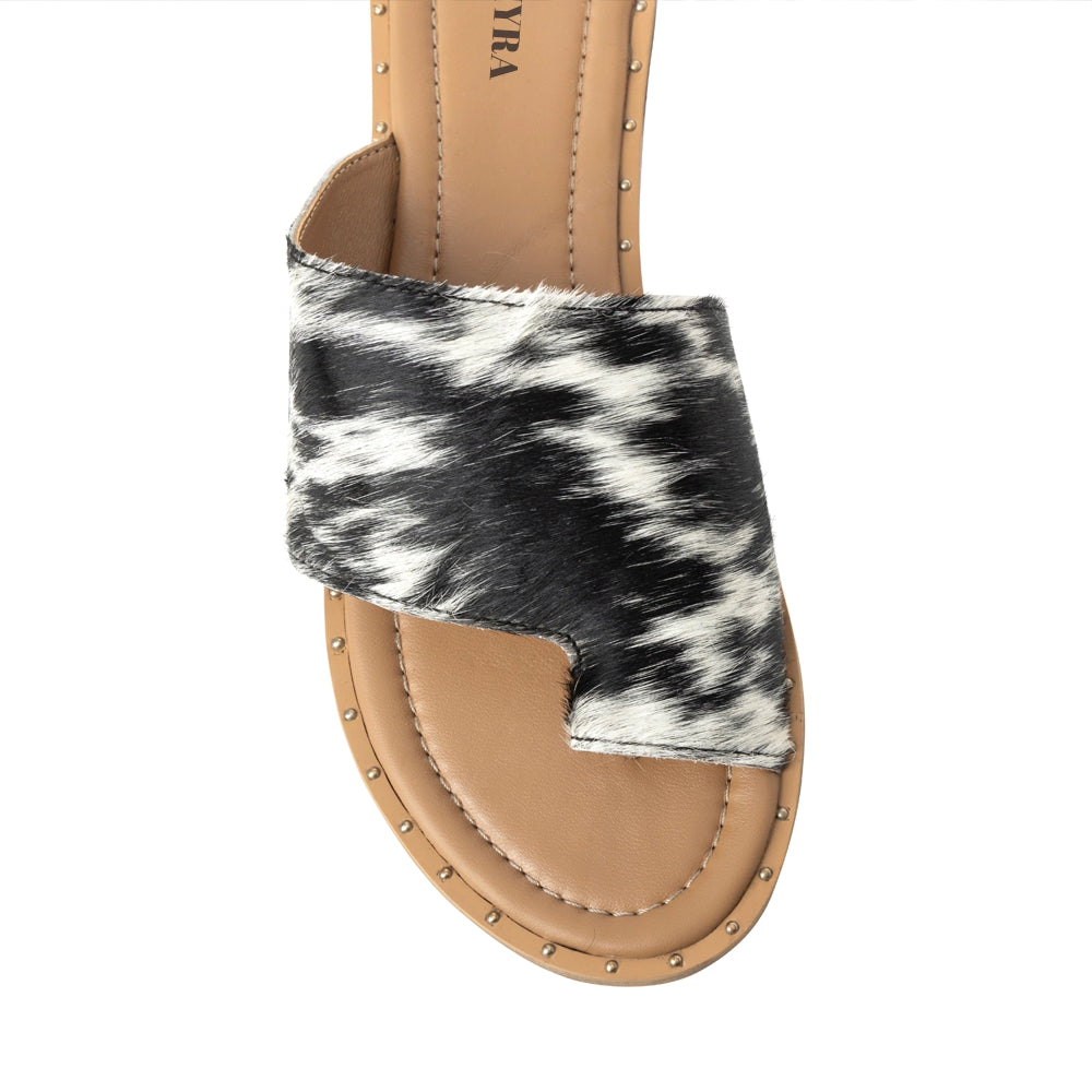 Myra Kimmee Trail Sandals for Women with hairon leather in black and white with open toe design