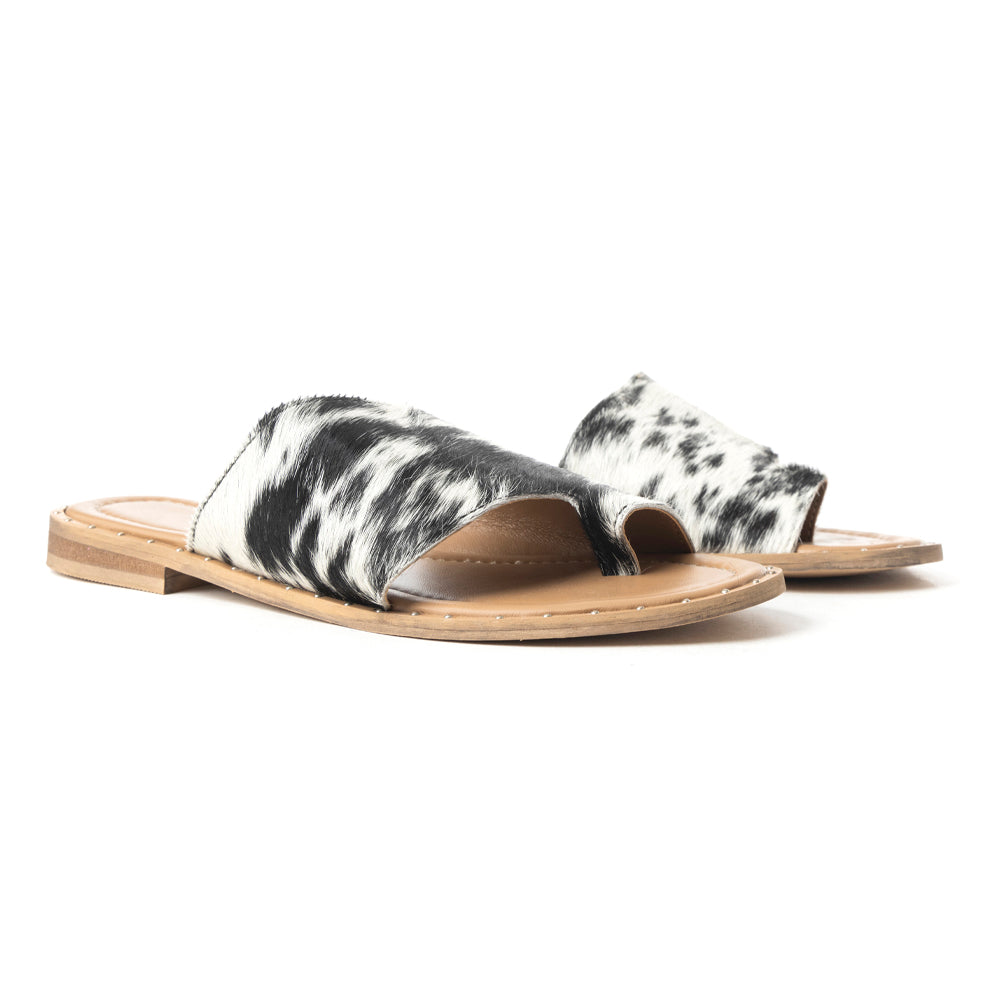 Myra Kimmee Trail Sandals for Women with hairon leather in black and white with open toe design