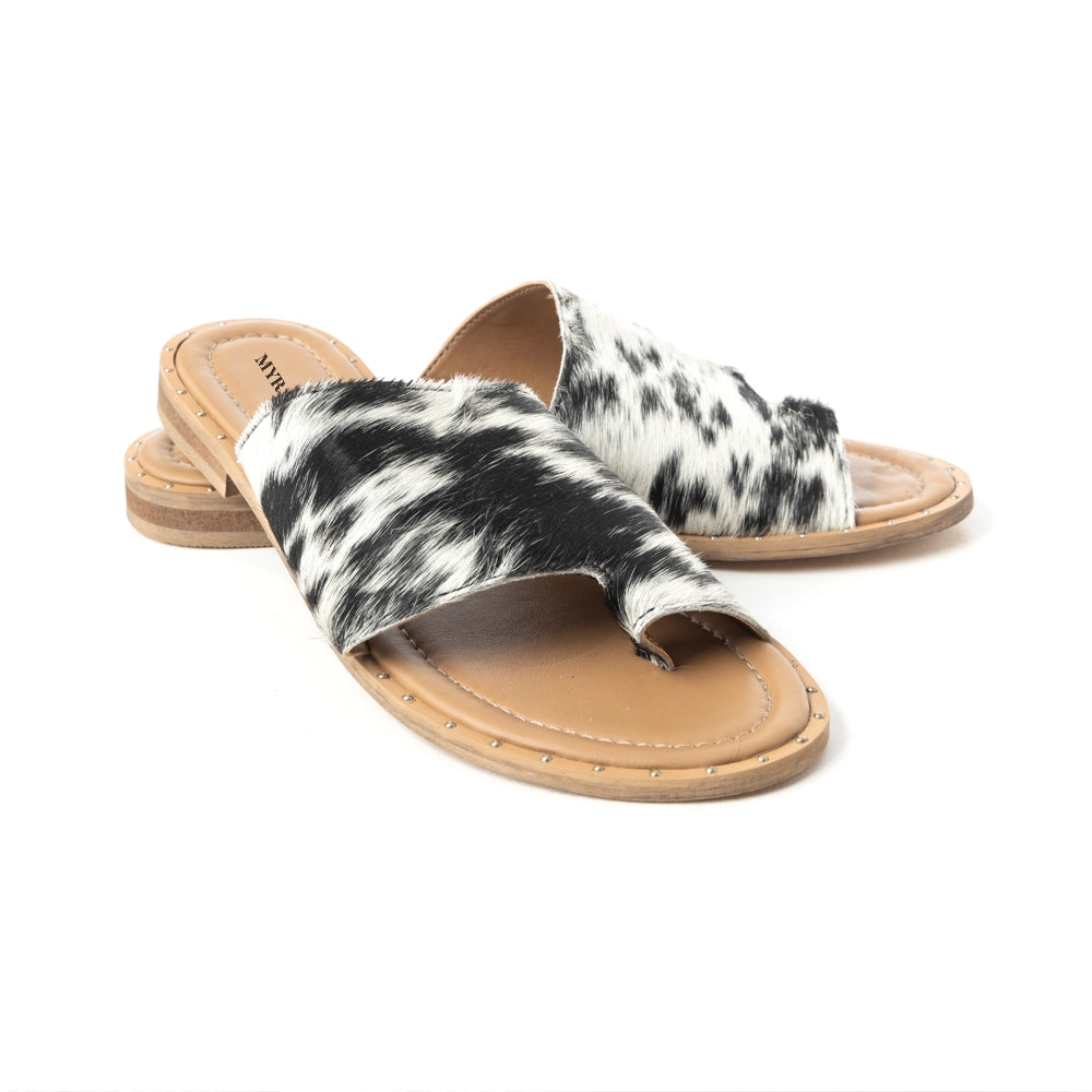Myra Kimmee Trail Sandals for Women with hairon leather in black and white with open toe design