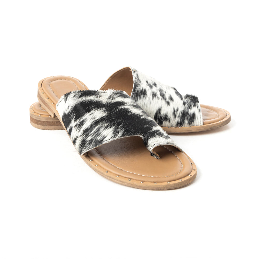 Myra Kimmee Trail Sandals for Women with hairon leather in black and white with open toe design