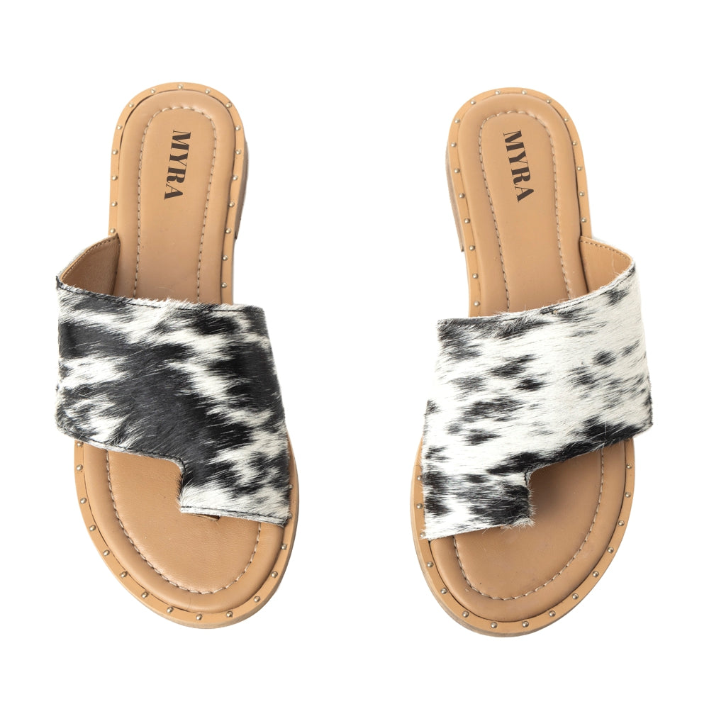 Myra Kimmee Trail Sandals for Women with hairon leather in black and white with open toe design