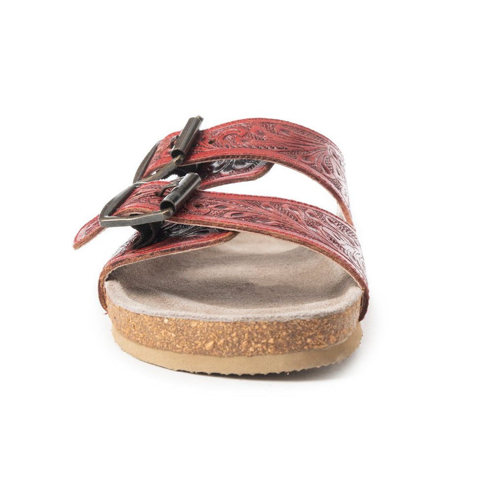 Myra Falling Feather Red Tooled Leather Sandals for Women - Dual Strap Casual Slides with Cushioned Sole for All-Day Comfort