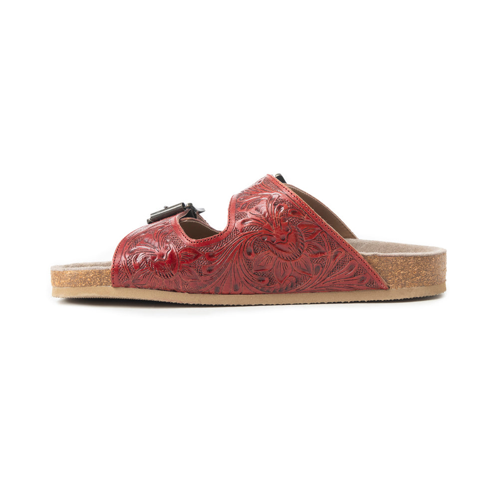 Myra Falling Feather Red Tooled Leather Sandals for Women - Dual Strap Casual Slides with Cushioned Sole for All-Day Comfort