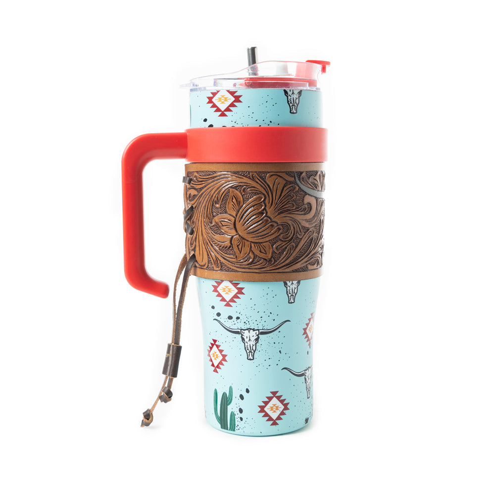 Myra Wide Wyoming Tumbler in sea blue with cowhide print and tooled leather design for everyday use