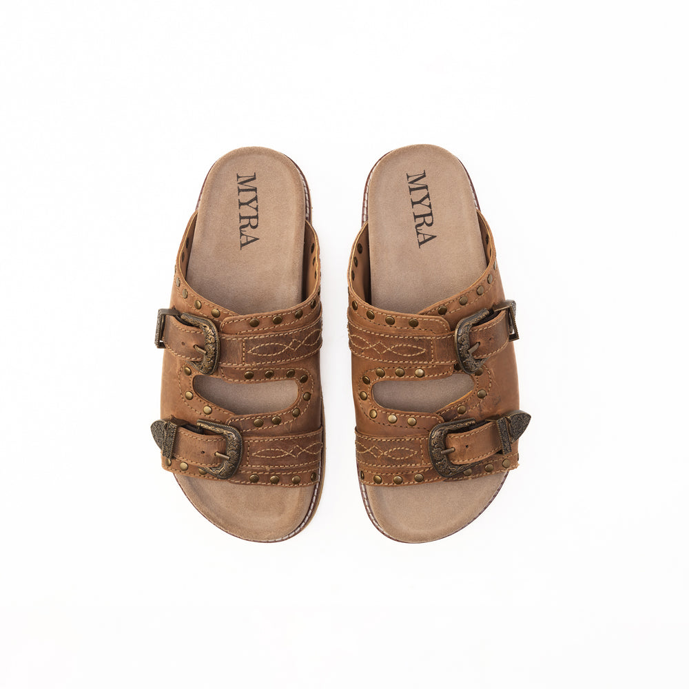 Myra Great Sonora Sunset Sandals for Women with leather in brown with western buckles and brass studs