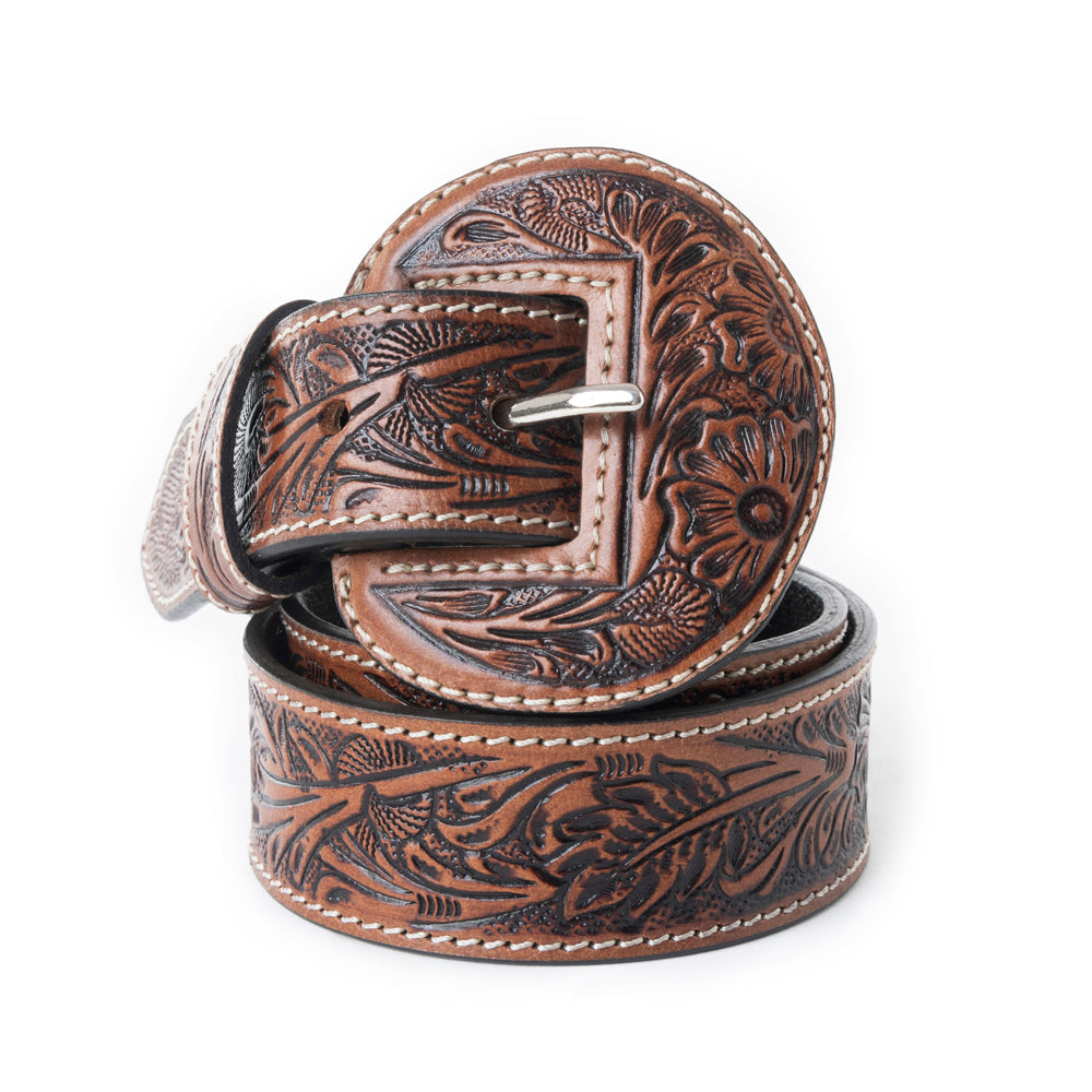 Myra Talon High Desert Belt for Women with handtooled leather in brown with floral design and matching buckle
