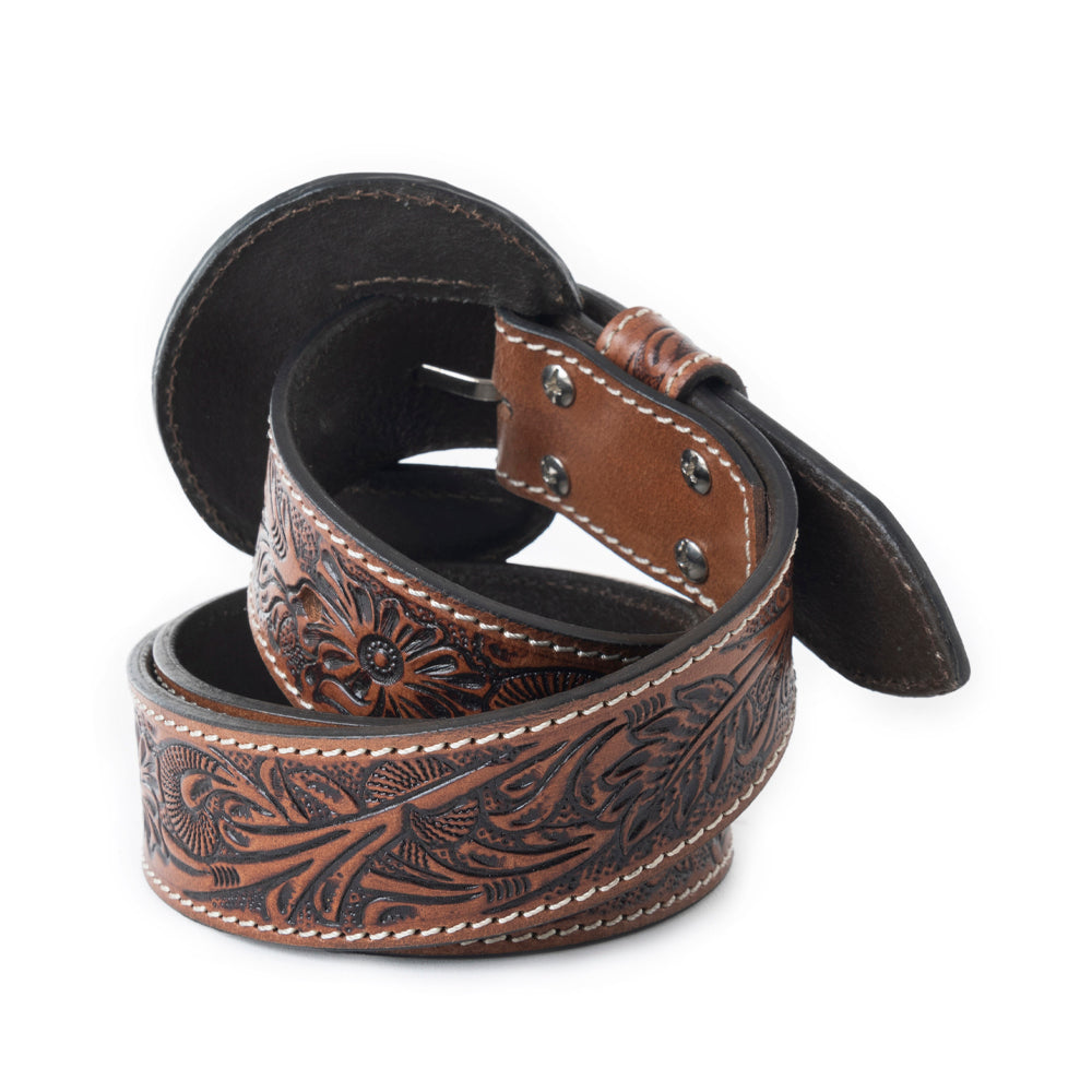 Myra Talon High Desert Belt for Women with handtooled leather in brown with floral design and matching buckle