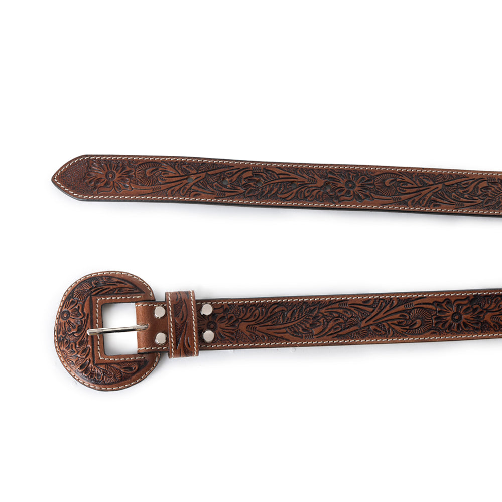 Myra Talon High Desert Belt for Women with handtooled leather in brown with floral design and matching buckle