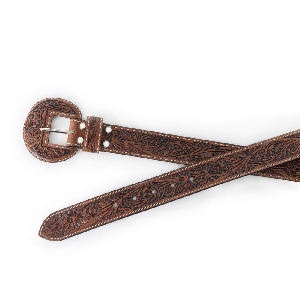 Myra Talon High Desert Belt for Women with handtooled leather in brown with floral design and matching buckle
