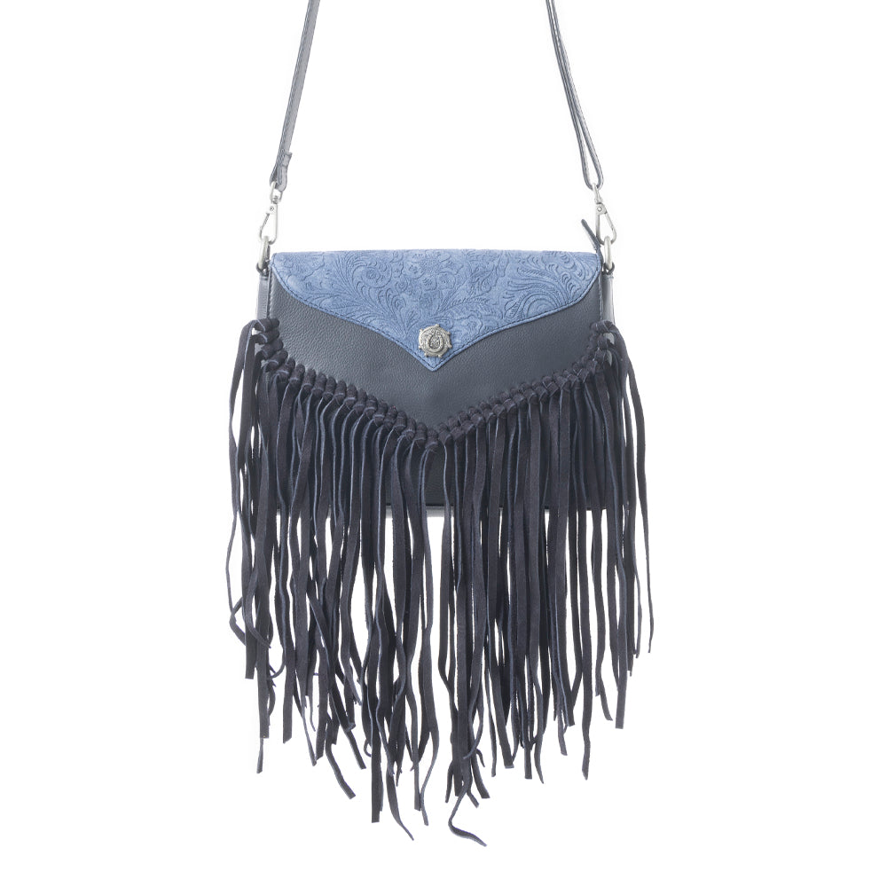Wild West Fringe Leather Crossbody Bag in Ash Denim