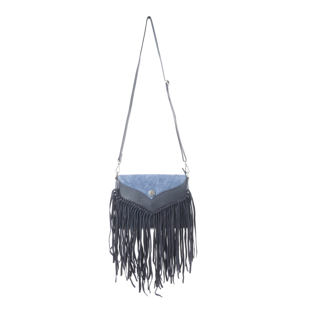 Wild West Fringe Leather Crossbody Bag in Ash Denim