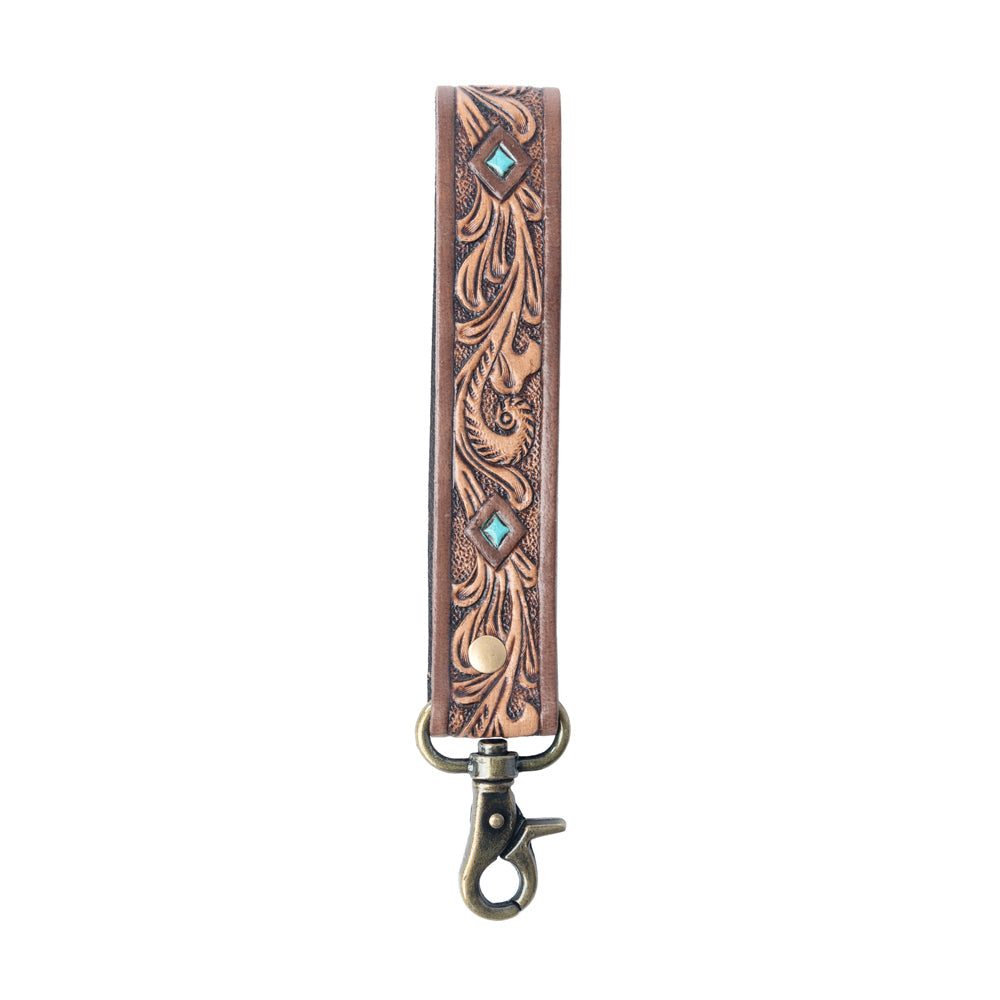 Myra Spirit Stone Handtooled Leather Keyfob in Mahogany Brown