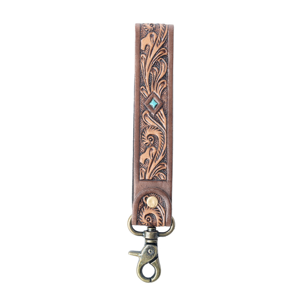 Myra Spirit Stone Handtooled Leather Keyfob in Mahogany Brown