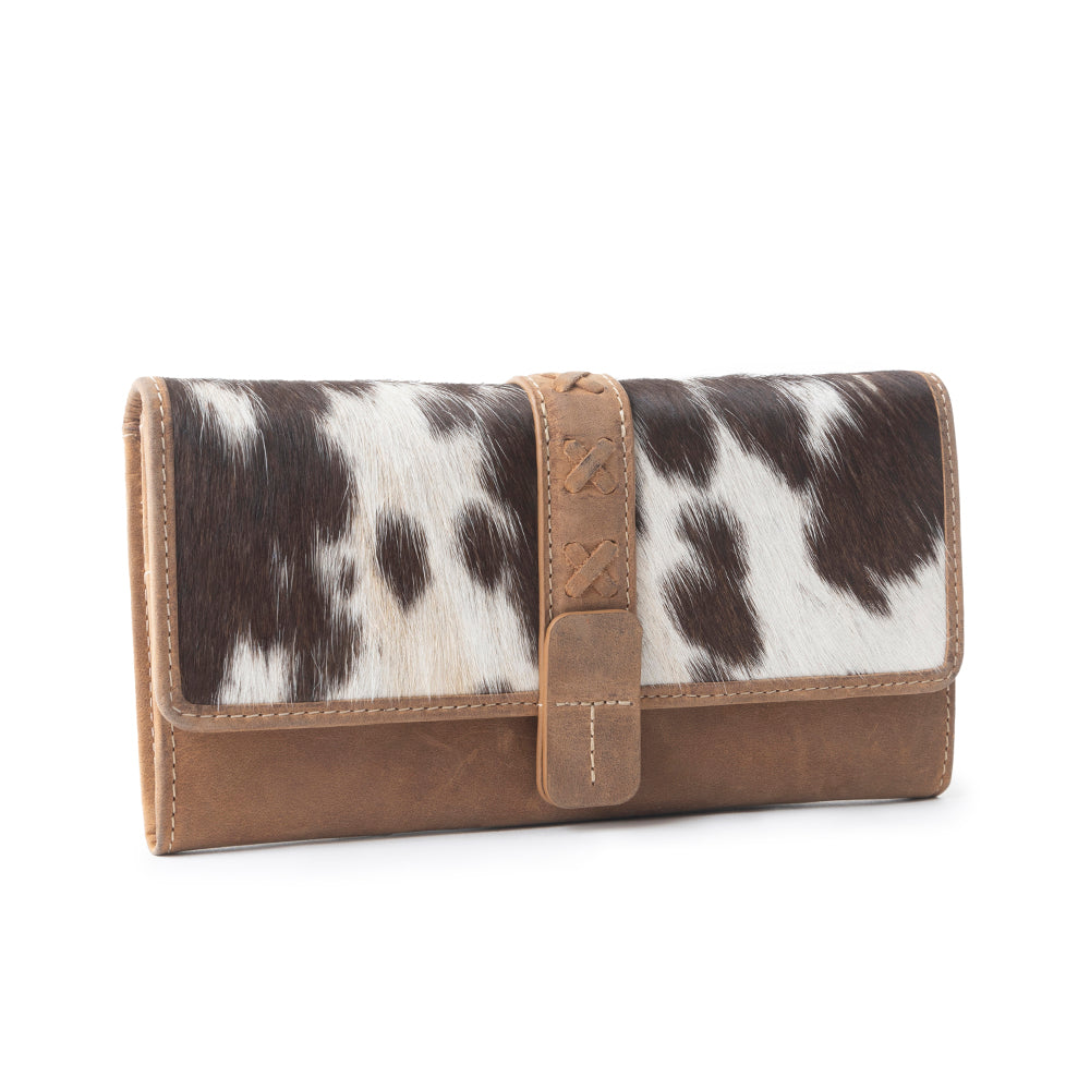 Myra Wind Rider Wallet in black and white with cowhide print and tooled leather detail for everyday use