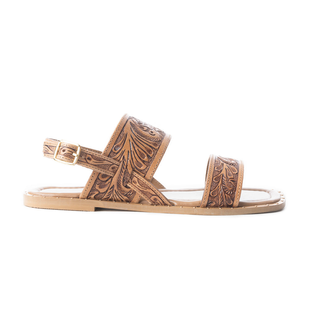 Myra Wildflower Wanderer Sandals for Women with handtooled leather in natural with ankle strap design