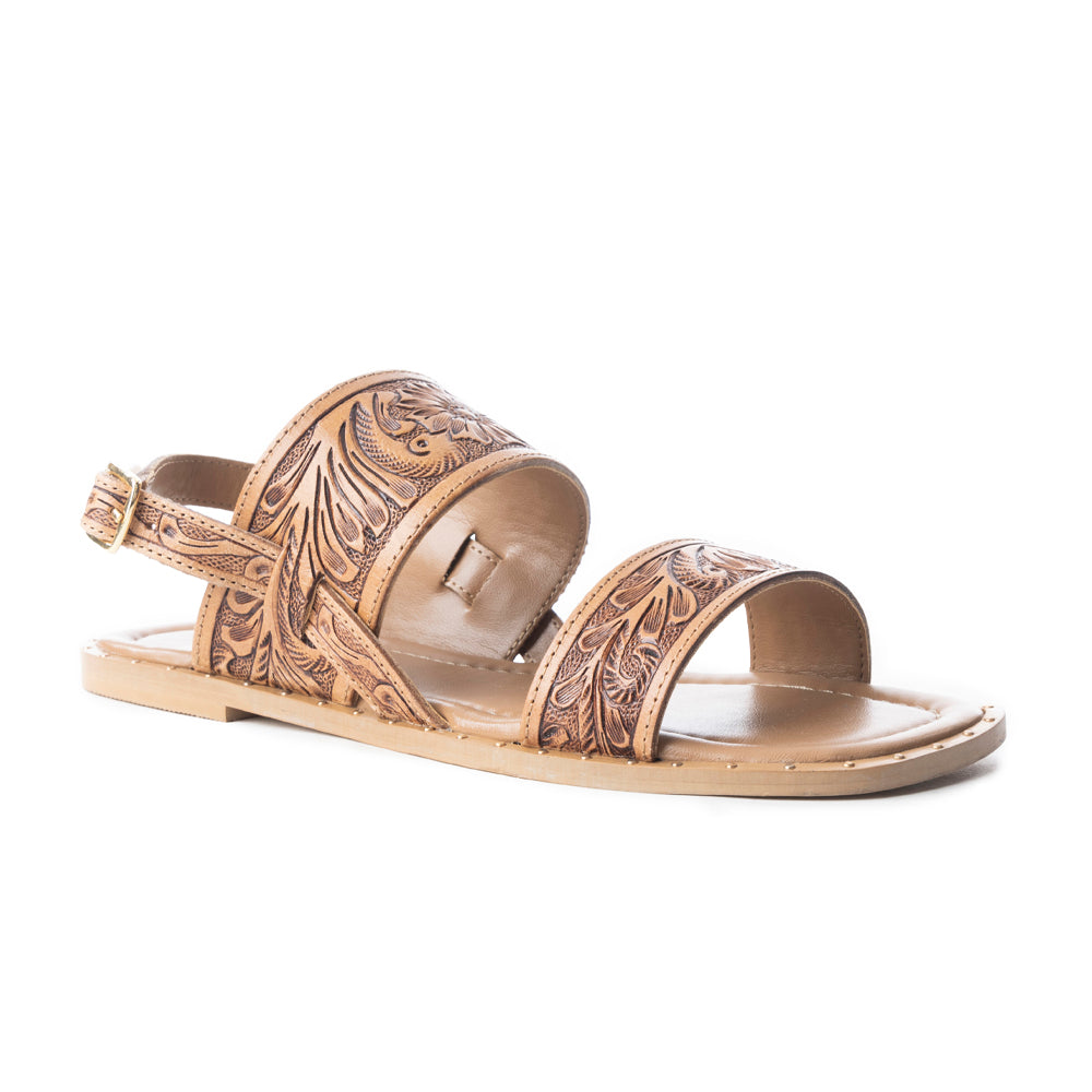 Myra Wildflower Wanderer Sandals for Women with handtooled leather in natural with ankle strap design