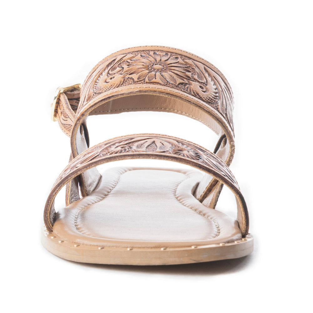Myra Wildflower Wanderer Sandals for Women with handtooled leather in natural with ankle strap design