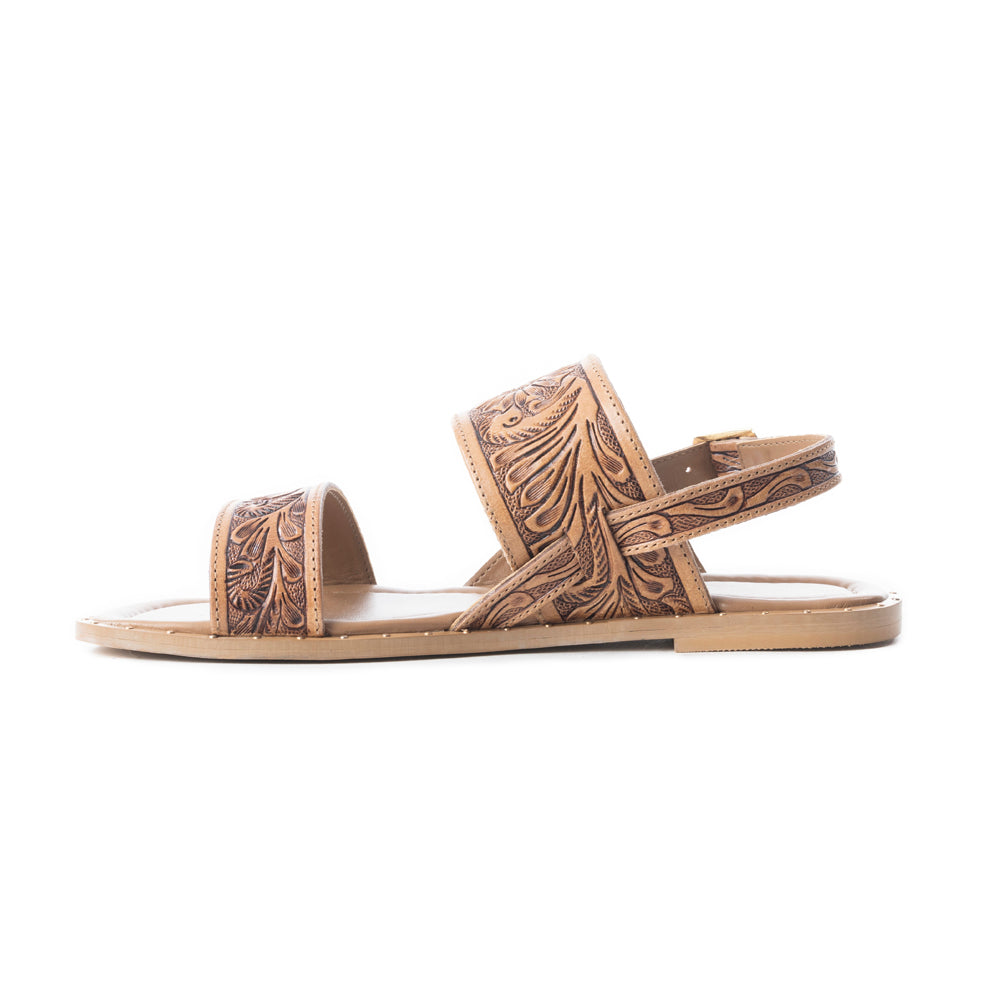 Myra Wildflower Wanderer Sandals for Women with handtooled leather in natural with ankle strap design