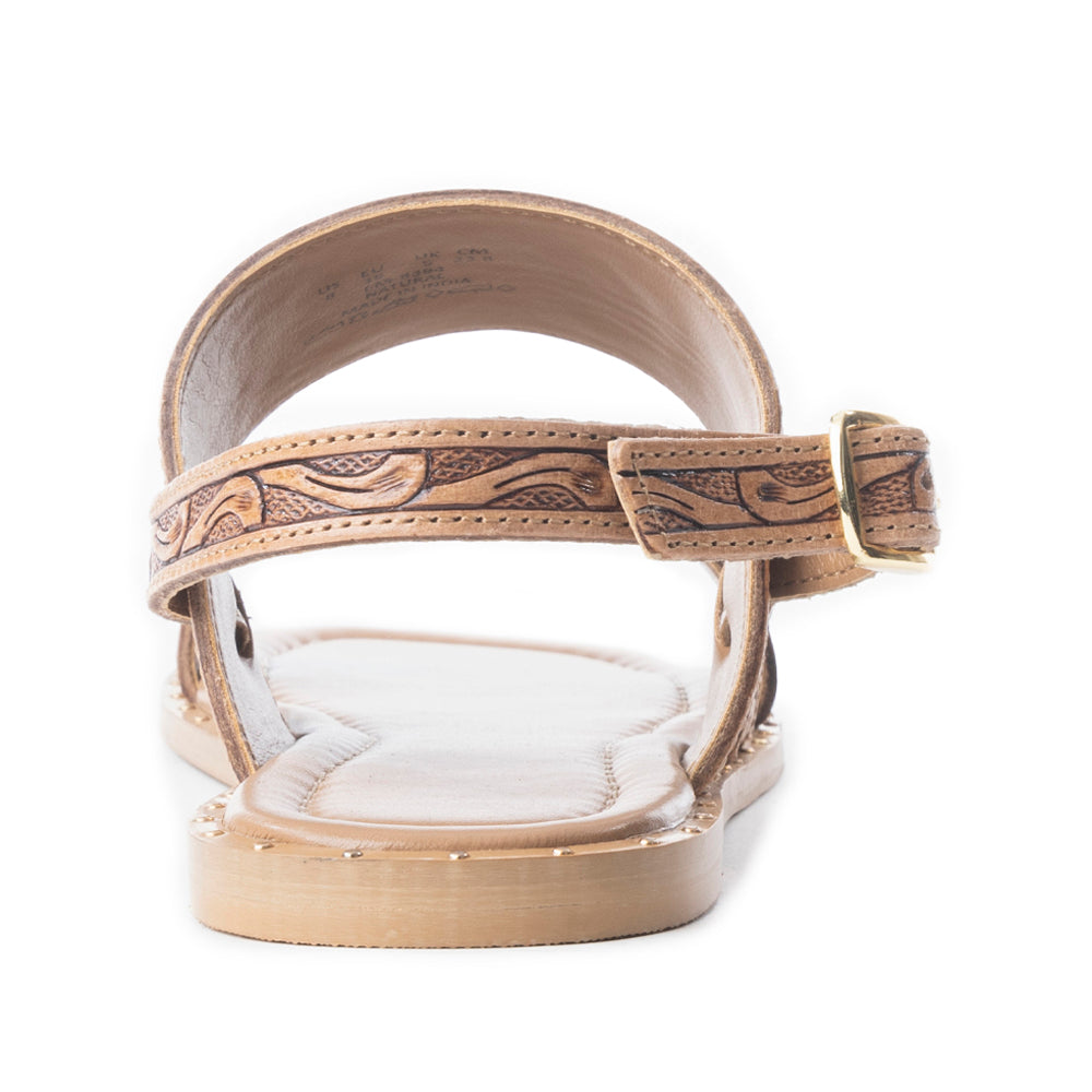 Myra Wildflower Wanderer Sandals for Women with handtooled leather in natural with ankle strap design