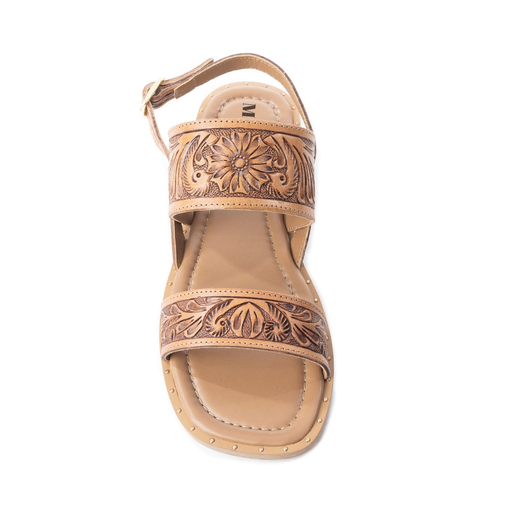 Myra Wildflower Wanderer Sandals for Women with handtooled leather in natural with ankle strap design