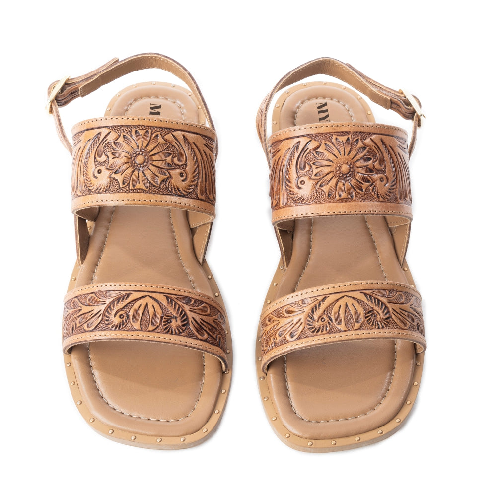 Myra Wildflower Wanderer Sandals for Women with handtooled leather in natural with ankle strap design