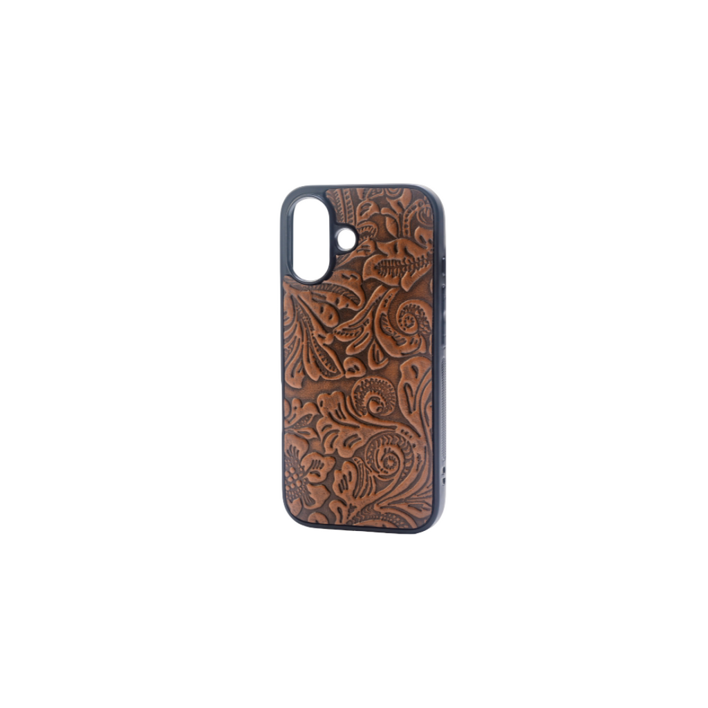 Myra Hawk Ridge Phone Case for iPhone 16 with handtooled leather for everyday use
