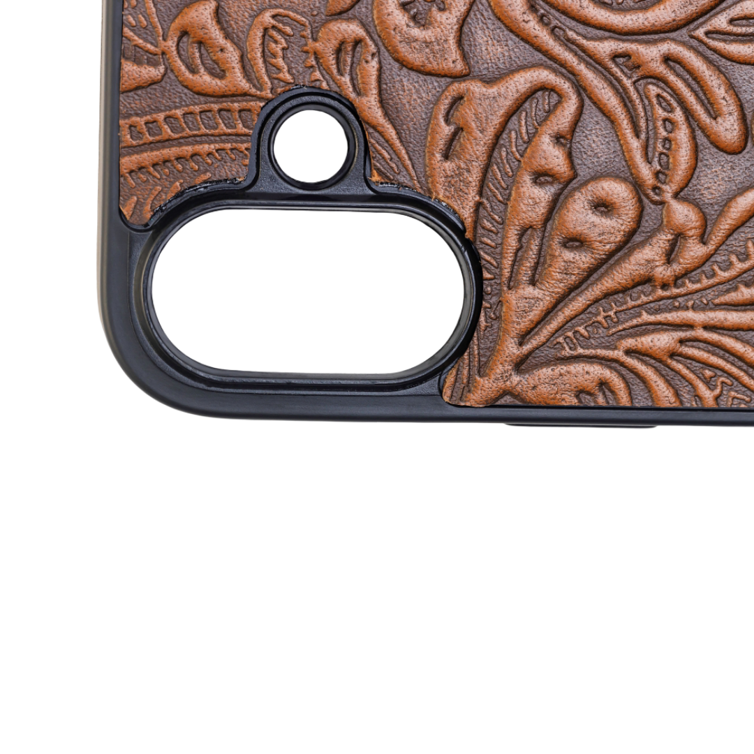 Myra Hawk Ridge Phone Case for iPhone 16 with handtooled leather for everyday use