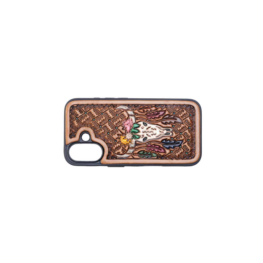 Myra Hawk Ridge Phone Case for iPhone 16 with handtooled leather for everyday use