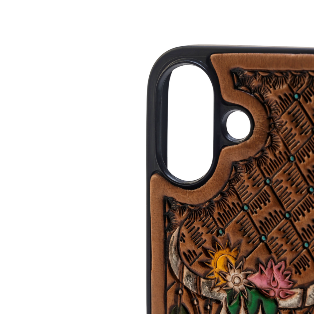 Myra Hawk Ridge Phone Case for iPhone 16 with handtooled leather for everyday use