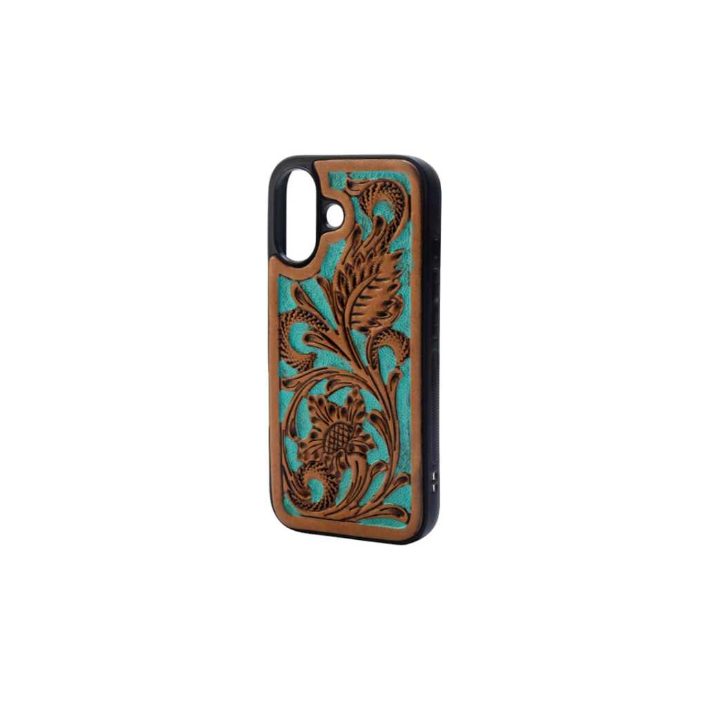 Myra Hawk Ridge Phone Case for iPhone 16 with handtooled leather for everyday use
