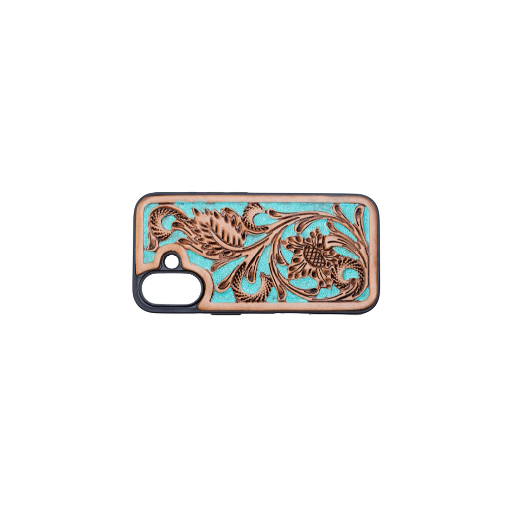 Myra Hawk Ridge Phone Case for iPhone 16 with handtooled leather for everyday use