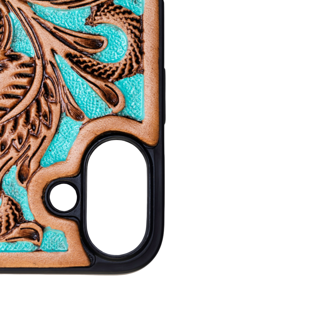 Myra Hawk Ridge Phone Case for iPhone 16 with handtooled leather for everyday use