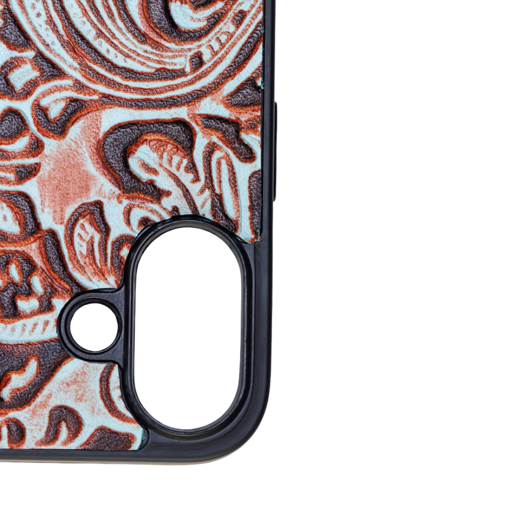 Myra Hawk Ridge Phone Case for iPhone 16 with handtooled leather for everyday use